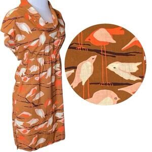 Y2K Bird Print Dress Womens Small Pockets Babydoll Retro Folk Quirky Kidcore Fun